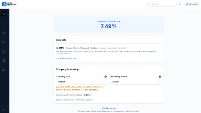 Discount Rate Advisor in LeaseAccounting.app showing a calculated 7.49% rate built from a Bank of England base rate plus a company borrowing spread, with full source attribution