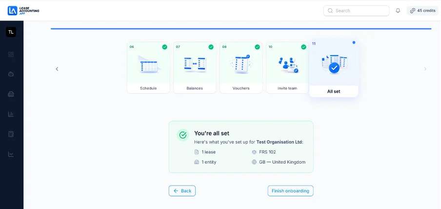 Guided onboarding in LeaseAccounting.app showing the final step where lease, entity, standard, and country are confirmed before finishing setup
