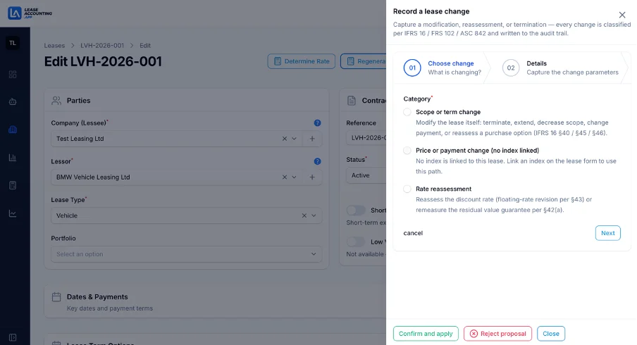 Recording a lease modification in LeaseAccounting.app with a guided dialog that classifies the change under IFRS 16, FRS 102, or ASC 842 and writes it to the audit trail