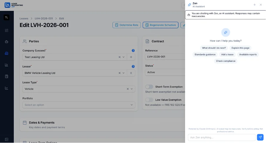 Zen AI assistant panel in LeaseAccounting.app offering guided suggestions like Explain this page, Standards guidance, and Check compliance during lease setup