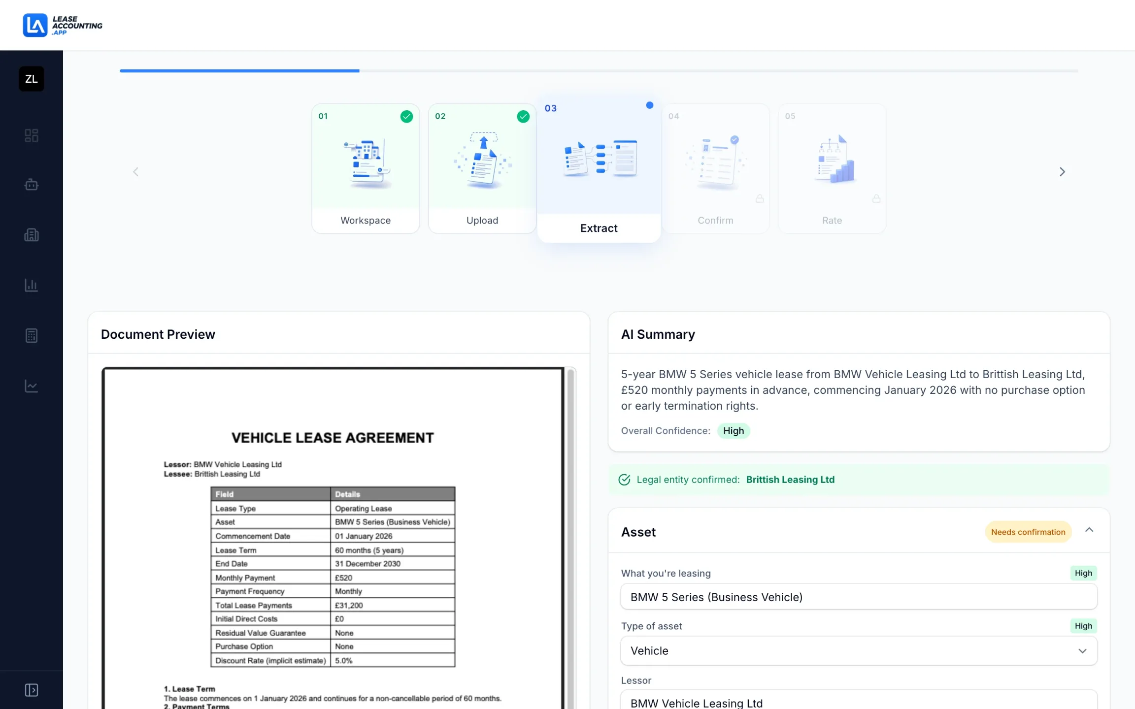 AI contract extraction in LeaseAccounting.app. Lease Intake Agent reads a vehicle lease PDF and drafts the lease with confidence scoring, ready for finance team review